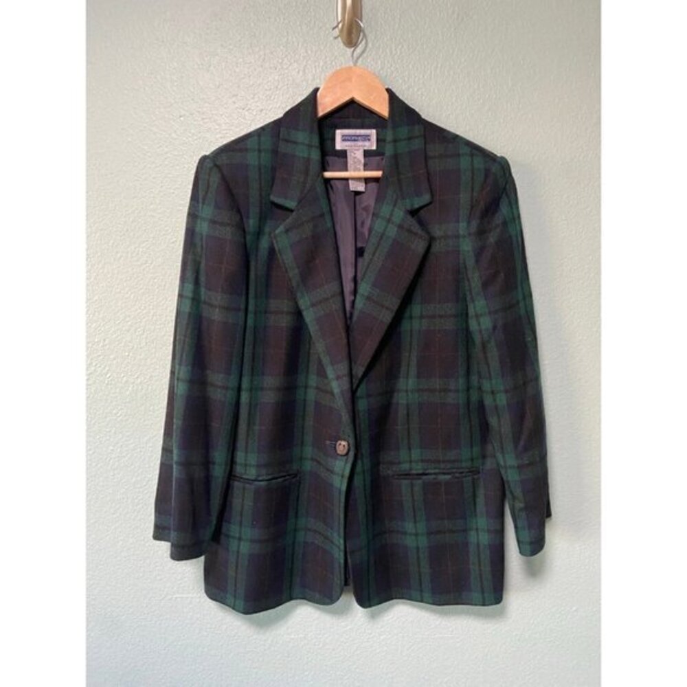 Sag Harbor Dark Green and Navy Plaid Wool Blend Blazer